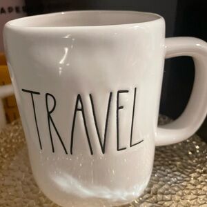 White Ceramic Mug with Travel Design- RAE DUNN